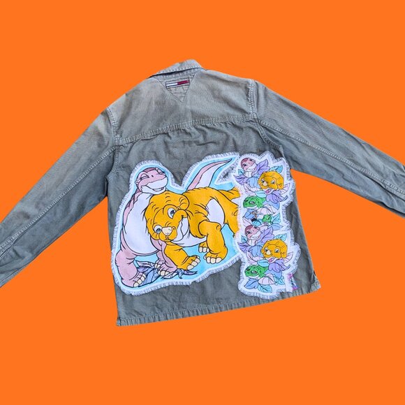 SOLD Handmade, Upcycled Land Before Time Tommy Jeans Green Denim Jacket Size M - Picture 3 of 4